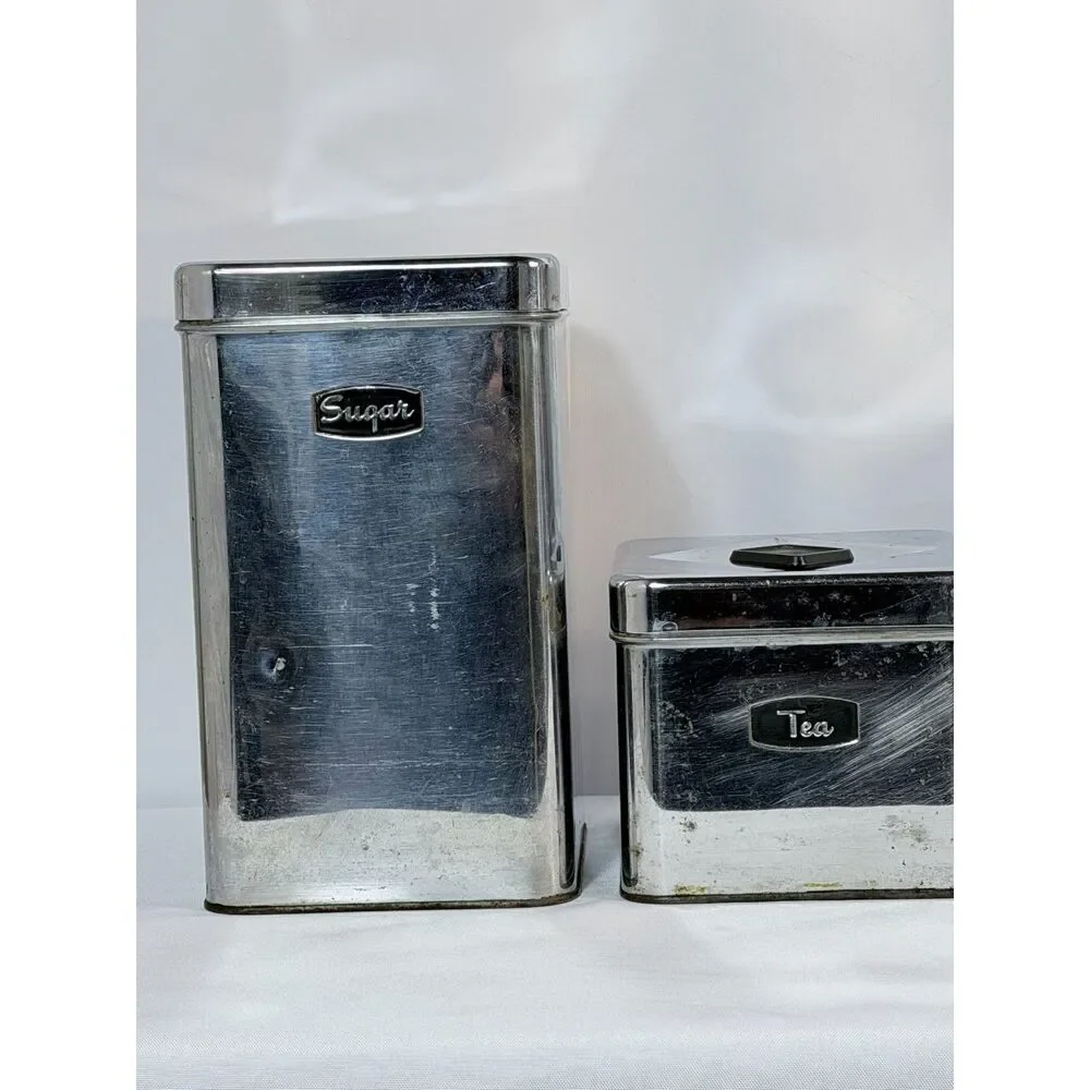 Signature MCM Chrome Kitchen Canister Set Flour Sugar Coffee Tea Mod Prop READ